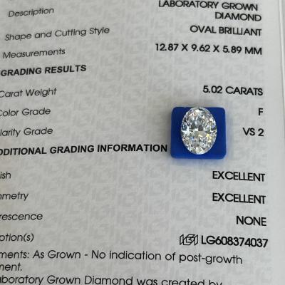 China 5.02ct VS2 F Diamantes artificiais de laboratório Diamantes cultivados de corte oval à venda