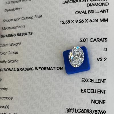 China 5.01ct Man Made Diamonds Oval Cut CVD D VS2 2EX N IGI Lab Diamonds for sale