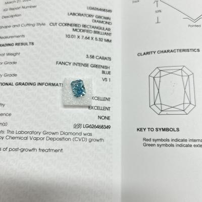 China Manmade Blue Diamonds Lab Created Radiant Cut Diamond VS2 3,58 karaat Te koop