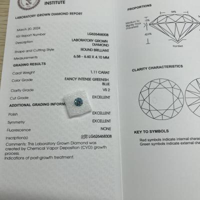 Chine Carat 1,11ct Clarité VS2 Créé en laboratoire Diamant bleu Forme ronde à vendre