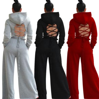 China Hot Selling Anti-wrinkle M6356 Amazon Women's 2 Piece Salon Set Basics Slim Fit Pants Set Hollow Hooded Two Piece Women for sale