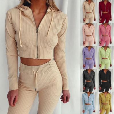 China OM9434 Anti-wrinkle products hot selling solid color hoodie rib knit two piece set plus size women clothing for sale