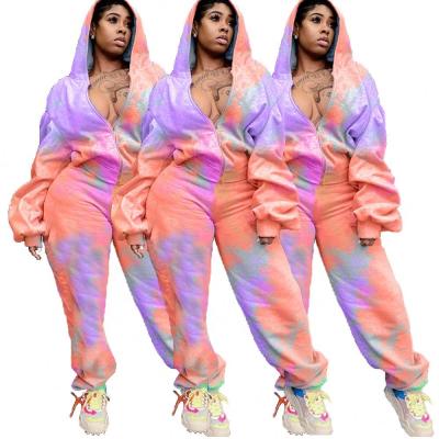 China Wholesale Anti-Wrinkle Plus Size Hoodie Two Piece Set Suit Blow Sleeve 2 Piece Tie Dye Sets Women Pants And Panty Women Loose Clothing for sale