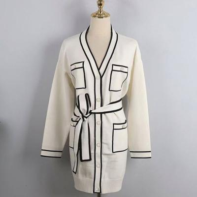 China Breathable Autumn Cardigan Sweater For Women V Neck Full Sleeve Contrast Color With Belt Pocket Cotton Cardigan for sale