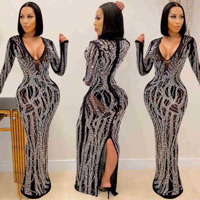 China 2021 Wholesale Breathable V Neck Rhinestone Women Party Dresses Maxi Mesh Dress Long Sleeve Casual Dresses for sale