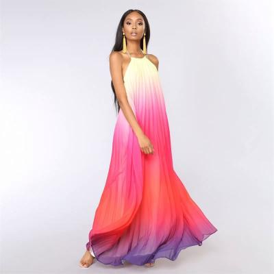 China Wholesale Anti-static 9253 Sun Dresses 2021 Women's Summer Wear Halter Gradient Chiffon Backless Dresses for sale