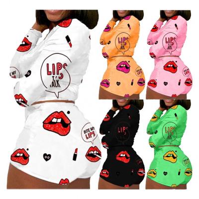 China FYL2021 Hot Sale QUICK DRY Women Long Sleeve Sleepwear Pajama Lips Speak Love Print Tops Shorts Jumpsuit Plus Size Two Piece Set Shorts for sale