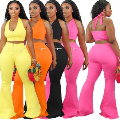 China QUICK DRY Fashion Vest Women Crop Tops Rocket Pants Solid Color Women Wide Legs Pants Two Piece Set for sale