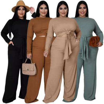 China Autumn Breathable Spring Wide Leg Pants 2 Piece Sets Fashionable Women Long Sleeve Stripe Solid Color Loose Tracksuit For Women Pants Set for sale