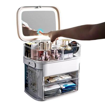 China Multi-layer Viable Portable Makeup Storage Box Jewelry Makeup Organizer Cosmetic Storage Box With Led Mirror for sale