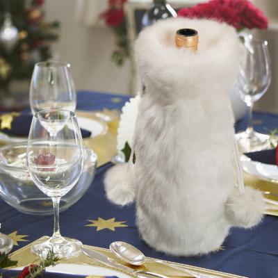 China 2021 Christmas Decoration Hotselling Plush Fabric With Pure Fluff White Wine Bottle Cover Champagne Bottle Cover for sale