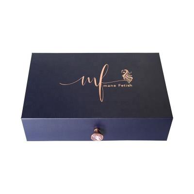 China Handmade Factory Customized Silk Inner Tray Dark Blue Gift Box With Button Flip Gilt LOGO Folding Box for sale