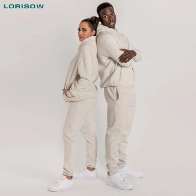 China LORISOW Autumn QUICK DRY men women unisex custom logo knitting plain dyed white pullover cotton crewneck sweatshirt set for sale