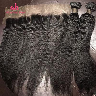 China Yaki Grade 12A Virgin Mongolian Curly Hair With Lace Frontal Closure With Natural Baby Hair Color 10