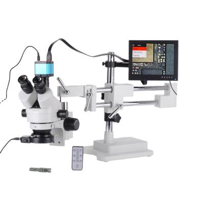 China 7X-45X Table Pillar Mount Zoom Trinocular Stereo Microscope Inspect PCB 14MP Microscope Camera + 8