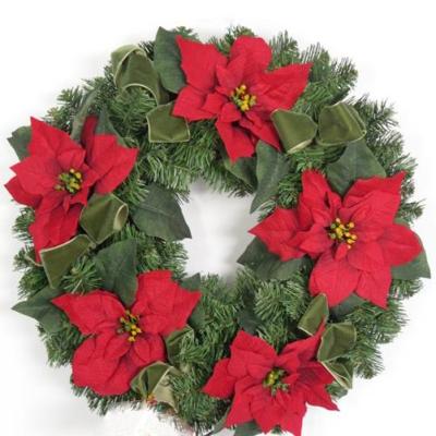 China Decoration Christmas wreath home decoration, pine wreath with poinsettia, fabric Christmas wreath for sale