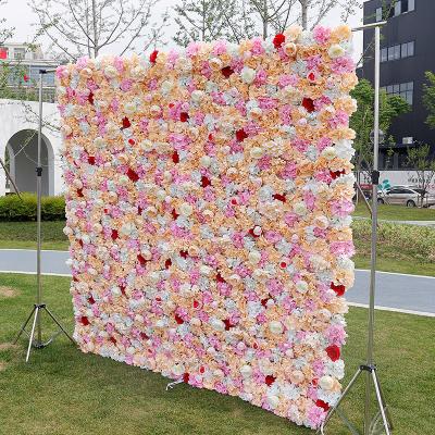 China Beautiful Colorful High Quality Flower Wall 3D Pink Silk Rose Hydrangea Backdrop Panel Wedding Decoration Artificial Flower Wall for sale