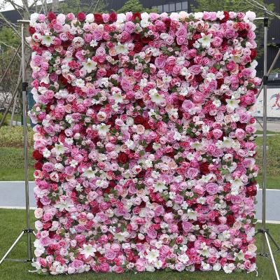 China Hot Selling Beautiful High Quality Colorful Flower Wall Rose Flower Backdrop Wedding Decoration Artificial Flower Wall Roll Up Flower Wall for sale