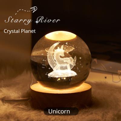 China Solar System Simplicity 3D Art Crystal Ball Modern Night Light Unicorn Light Emitting Diode Table Top Crystal Ball Night Light for sale