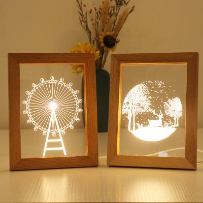 China Modern popular natural wood frame base 3D vision LED illusion panel 3D acrylic night light Forest Fawn for sale