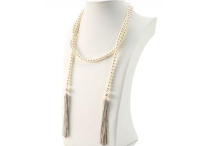 China Cream White Delicate Fashion Jewelry Knotted Faux Pearl Necklace With Lariat Tassel for sale