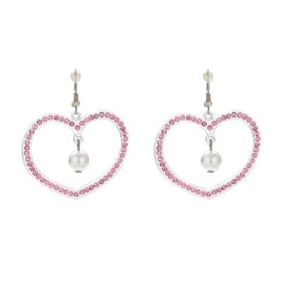 China Love Heart Shaped Pink Diamond Alloy Earrings With Single Pearl Women Fashion for sale