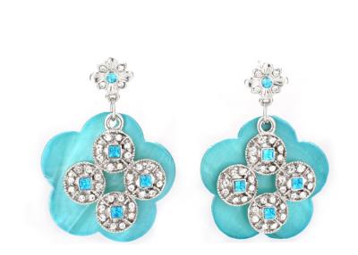 China Silver Mother Of Pearl Stud / Drop Earrings Jewelry Carved Diamond Blue Flower for sale