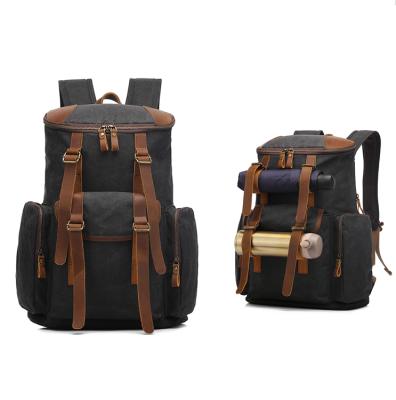 China Men's Canvas Rucksack Outdoor Leather Camping Anti-theft Hiking Canvas Rucksack Travel Backpack Large Bag for sale