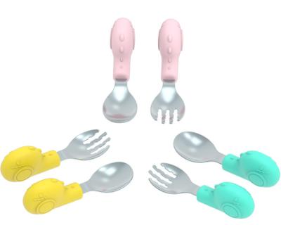 China BPA Free Food Grade Silicone Handle Stainless Steel Spoon And Fork Set For Babies for sale