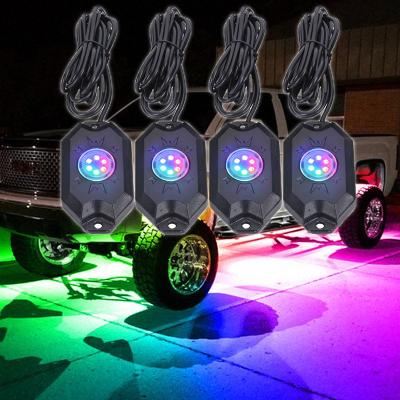 China Blue-tooth RGB Rock Light 4pcs 8pods RGB Pods Rock Under Vehicle LED Flow Lights Led Rock Lights For Off Road Truck SUV Boat UTV for sale