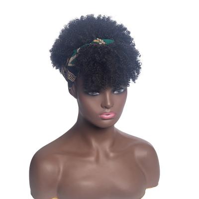 China Factory Price Afro Kinky Curly Daily Wear Headband Synthetic Wigs With Bangs Drawstring High Blow Wig for sale