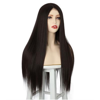 China Fashion Wave Long Heat Resistant Fiber Synthetic Lace Front Wig Natural Black Silky Straight Human Hair Wigs for sale