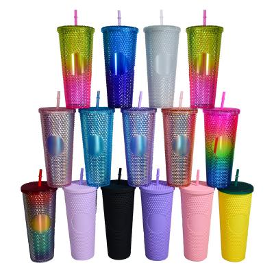 China Custom Logo 710ml 24oz Large Capacity Matte Gradient Sustainable Double Wall Plastic Tumbler Studded Tumbler With Lids And Straw for sale