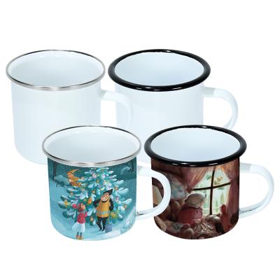 China Viable 12oz sublimation blanks white coffee enamel camping mugs mug with handle for sublimation printing in stock for sale