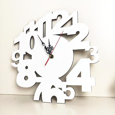 China 2021 Style Antique Creative Design Number Shape MDF Wooden Board Sublimation Masks White Wall Clock For Home Decor for sale