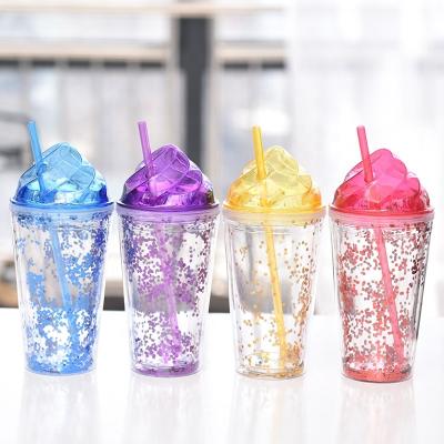 China Drinking Bottle Logo 450ml Mugs Custom Acrylic Wall Viable Double Tumbler Bulk Ice Cream Tumbler Plastic Bottle Cups With Straw for sale