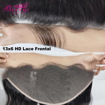 China Can be body dyed hair wave HD lace frontal seller, 13x6 HD Swiss headbands, Virgin cuticle aligned hair HD lace up headband with baby hair for sale