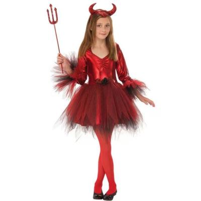 China Wholesale Polyester Girls Devil Costume Halloween Fancy Dress Costume For Kids Red Devils Polyester Dress Horns Cosplay Party Equipment for sale