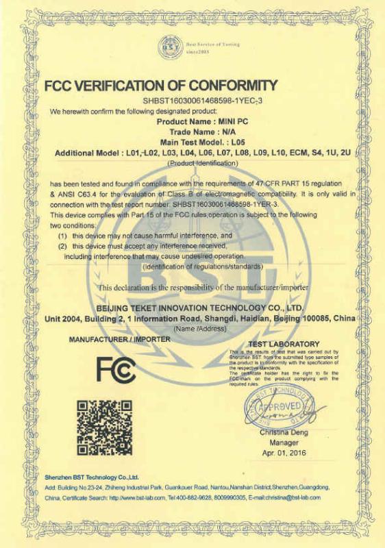 FCC - Beijing Teket Innovation Technology Company Limited