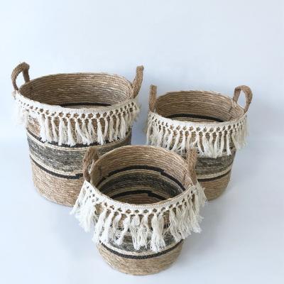 China Custom Color Cotton Rope Woven Storage Baskets Baby Clothes Home Viable Hot Selling Storage Box With Tassels for sale