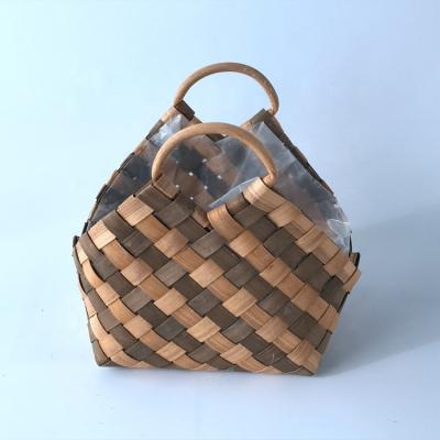 China China fashionable natural wood chip woven shopping bag with plastic liner for flower storage for sale