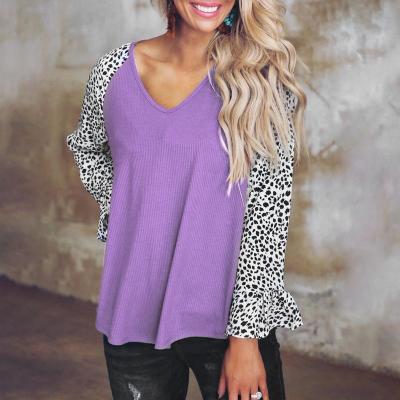 China Breathable Leopard Print Stitching V-Neck Long Sleeve Fashion Loose Casual Ladies T-shirt Women Top Sweaters for sale