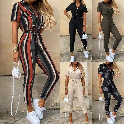 China QUICK DRY Lapel Printed Waistband Women Casual Maching Romper With Collar Rompers Womens Overalls for sale