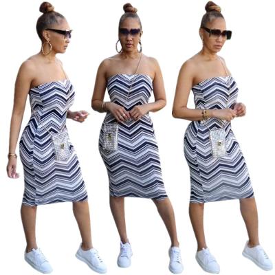 China 2021 New Arrival Anti-Wrinkle Cheap Polyester Sleeveless Stripe Dresses Elegant Women Casual Wear for sale