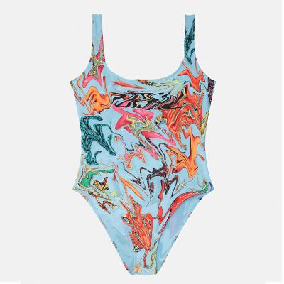 China Baby Blue Vintage Cut Latest Design Latest Design Baby Blue High Waisted Plus Size Monki One Piece Swimsuit for sale