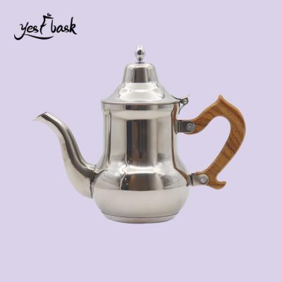 China Arabic Business Pot Stainless Steel Dallah Single Wall Pot With Wooden Handle Teapot Kettle for sale