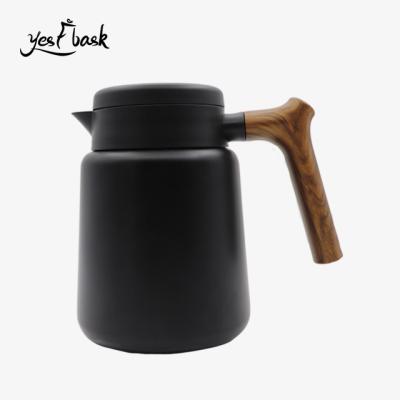 China PORTABLE Double Walled Stainless Steel Vacuum Flask Coffee Pot With Wooden Handle Coffee Dispenser 24 Hours Heat Up Preservation for sale