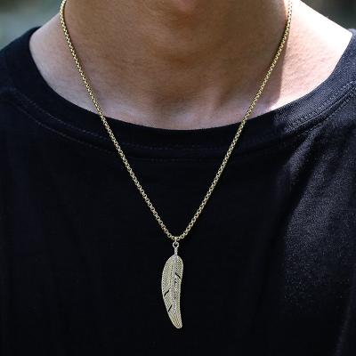 China CLASSIC Hot Trendy Feather Pendant Necklace Men Pave CZ Gold Color Box Chain Necklace For Men Jewelry Gift for sale