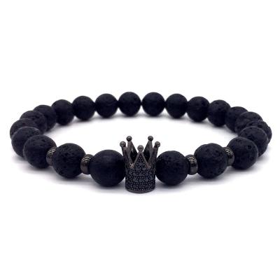 China Vintage Crown Bracelet Mens 8mm Strand Lava Stone Bead Bracelet For Men Jewelry Handmade Stone Gift for sale