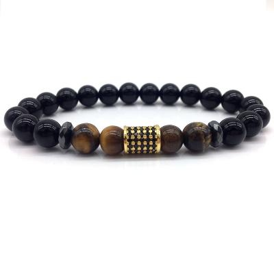 China CLASSIC pave CZ charm tube bracelet mens 8mm strand tiger eye stone bead bracelet for men jewelry gift for sale